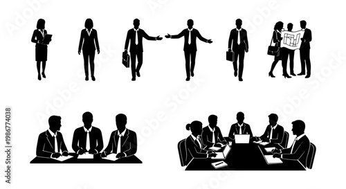 Professional business people silhouettes, corporate office team meeting and presentation set, black vector figures of entrepreneurs in suits