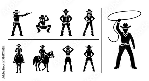 Wild West cowboy silhouettes set, 9 western character icons including horse riders and gunfighters, black and white outlaw vector collection