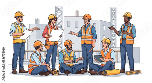 A diverse team of construction engineers reviews a project blueprint on-site, depicted in a clean vector illustration with a focus on teamwork, using a bright and professional color palette