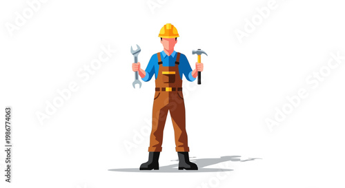 A vector illustration of a construction engineer character, wearing a hardhat and overalls while holding a wrench and hammer, set against a clean white background in a flat, graphic style