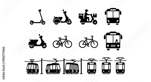 Urban transportation icons set, black silhouette city vehicle symbols, public transit and delivery scooter vector elements for maps and infographics