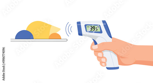 Close-up of a hand holding a digital infrared thermometer measuring a high temperature of thirty-nine point five degrees celsius.