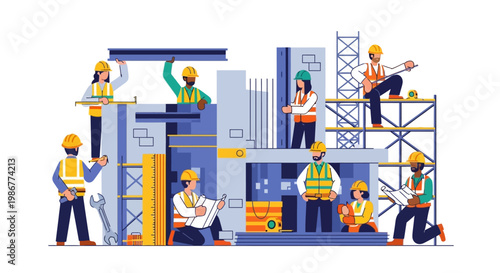 A diverse team of construction engineers reviews blueprints on a construction site, depicted in a flat vector illustration with workers wearing safety vests and hardhats against a clean