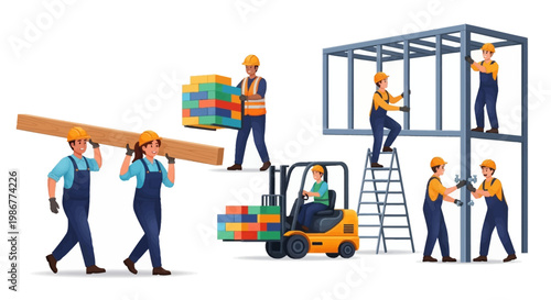 Vector art depicts construction workers collaborating on a building project at a site, with one carrying a wooden beam and another operating a forklift, set against a clean, bright white