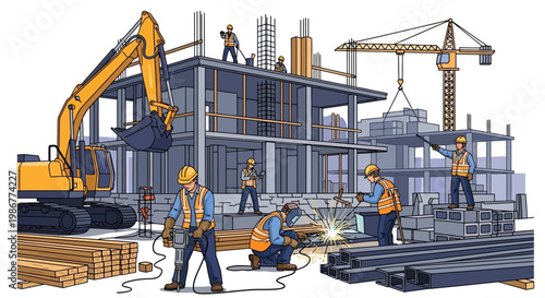 Detailed vector illustration depicting construction workers on a busy building site, complete with an excavator and crane, showcasing project planning and engineering design with clean