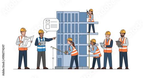 Vector illustration of construction engineers planning a building project on site, with diverse characters wearing safety vests and helmets, using blueprints and clipboards, set