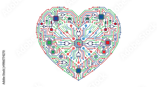 Intricate heart shape composed of vibrant interconnected circuit traces and glowing logic gates sits centered on a clean light grey professional surface.