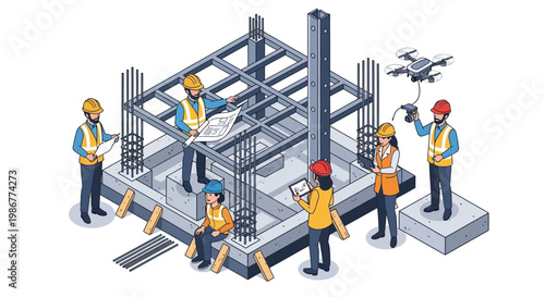 Isometric vector illustration of construction engineers planning a building project on a site, reviewing blueprints and using a drone, with a clean, modern design and a bright, optimistic