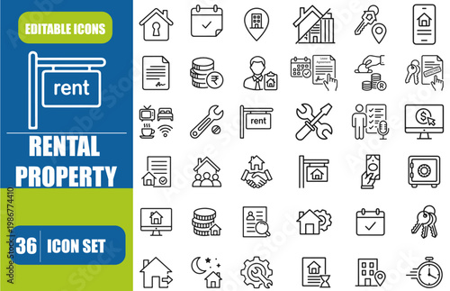 Rental Property Icon Set – Editable Line Icons for House Rent, Agreement, Vacation Rental, Car Rental and Property Management Vector

