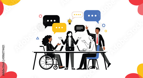 Diverse group of business professionals including a person in a wheelchair having a productive brainstorming meeting.