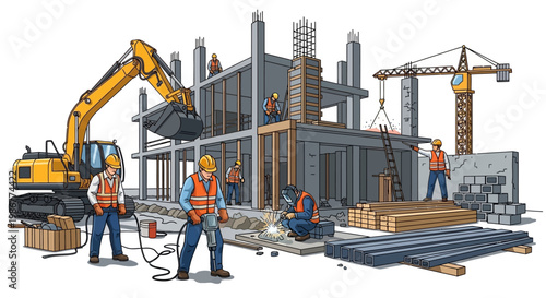 Detailed vector illustration of construction workers collaborating on a building project at a busy site, with heavy equipment and architectural planning elements, conveying an industrious