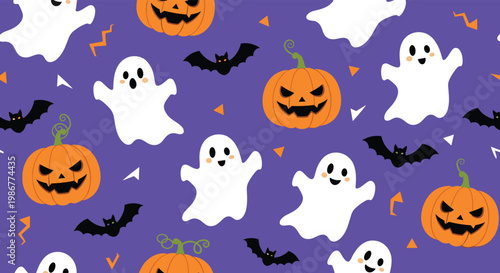 Playful Halloween seamless pattern with friendly white ghosts, carved orange pumpkins, and black bats on a purple background.