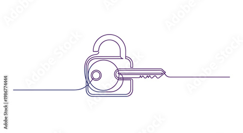 Single continuous line forms a padlock with a key inserted using a smooth purple to blue gradient in a minimalist and clean digital security icon design.