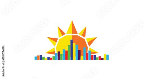 Radiant geometric sun rises behind a colorful bar chart cityscape composed of sharp angular shapes set against a clean and bright white studio background.