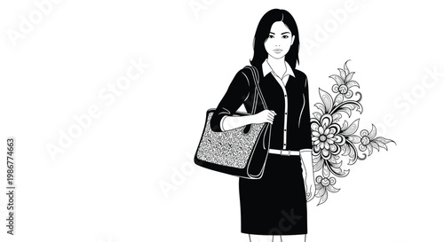 Stylish woman in a professional black dress posing with a decorative floral patterned handbag against a white background.