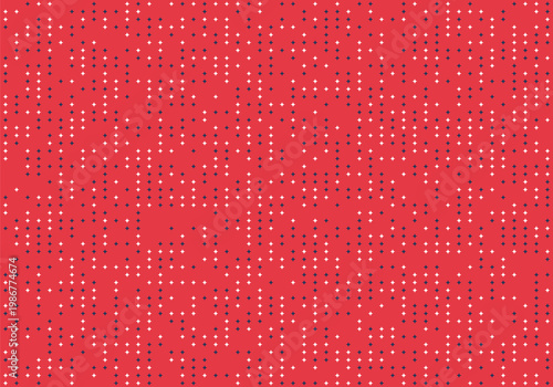A repeating pattern of small blue and white star shapes on a red background creating a modern abstract design