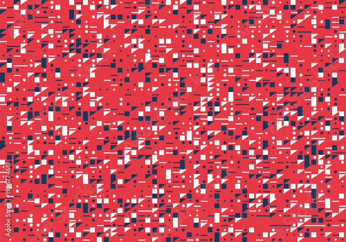 Abstract geometric pattern with small shapes in navy blue and white on a red background