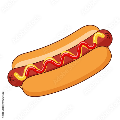 Delicious Hot Dog with Ketchup and Mustard Drizzle - Isolated on White