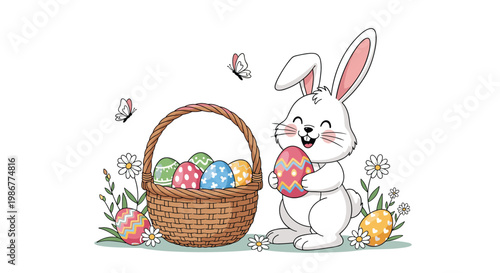 Cute white Easter bunny sitting next to a wicker basket overflowing with colorful decorated eggs and flowers.