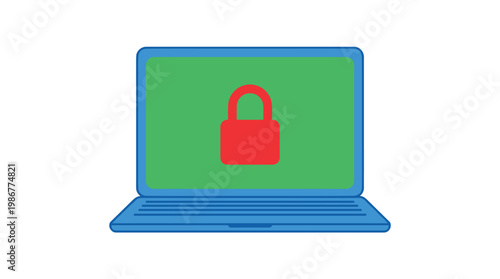 Blue laptop with a green screen displays a prominent red lock icon indicating digital security against a stark and clean white background for tech themes.