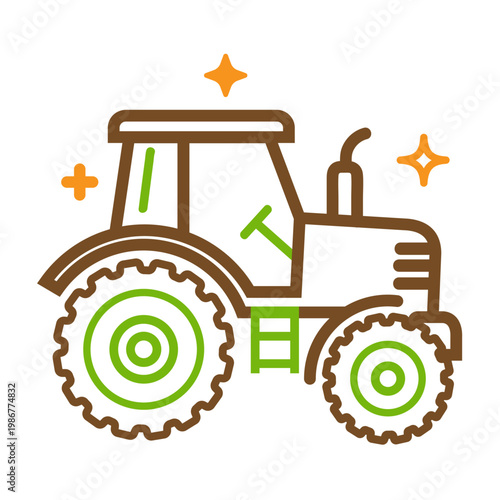 Farm Tractor Vector Line Icon in Brown and Green with Orange Sparkle Accents Agriculture and Farming Symbol on White Background