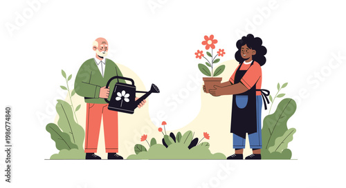 Senior man and woman taking care of their garden together with the man holding a watering can and the woman holding a plant.