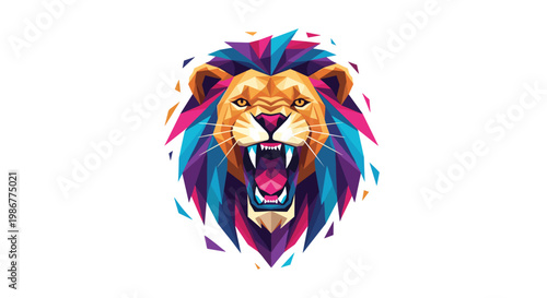 Geometric low poly lion head features sharp triangular facets with vibrant magenta and cyan color gradients displayed against a pristine white studio backdrop.