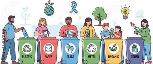 Diverse group of people sorting various types of waste into colorful recycling bins to support a healthy global environment today