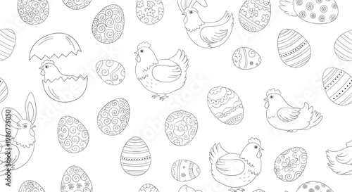 Minimalist black and white seamless pattern featuring hand-drawn sketches of Easter eggs, chickens, and spring motifs.