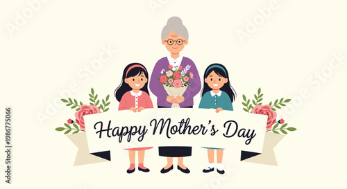 Sweet Mother's Day illustration featuring a grandmother holding flowers with her two young granddaughters behind a banner.