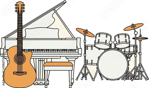 Artistic minimalist illustration showcasing a classical grand piano, an acoustic guitar, and a drum kit, symbolizing harmony and musical performance.