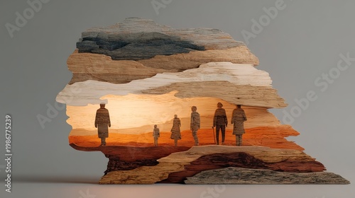 Artistic Wooden Head Silhouette with Figures Walking Towards Horizon Illustration