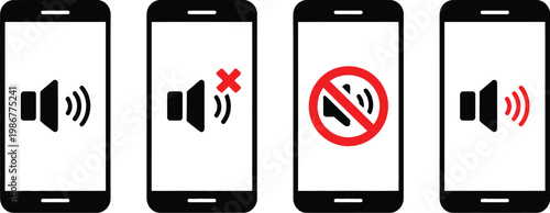Smartphone sound settings icon set, minimalist volume mute and audio adjustment icons representing mobile sound control and user interface settings.