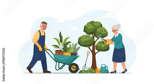 Active senior couple working together in their lush green garden with the man pushing a wheelbarrow and the woman pruning a tree.