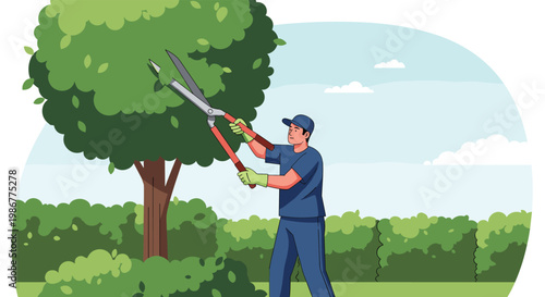 Professional male gardener carefully pruning a large green tree with long-handled shears in a sunny outdoor garden.
