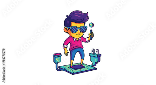 Animated young man stands firmly upon a complex electronic circuit board while holding a glowing sphere amidst vibrant electrical plugs and bright colors.