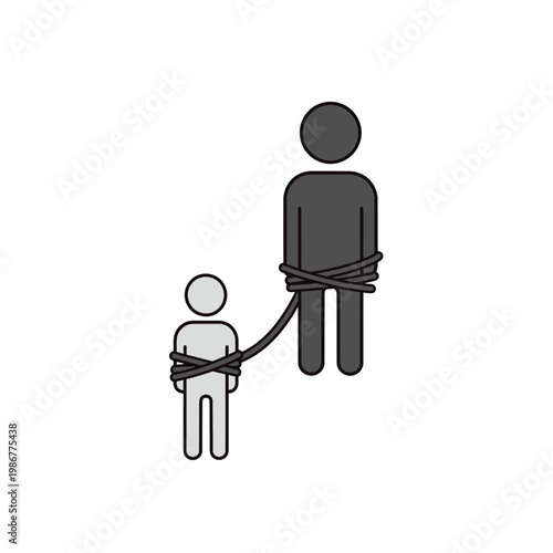 Family bond concept: adult tied to child with rope, symbolizing connection and responsibility
