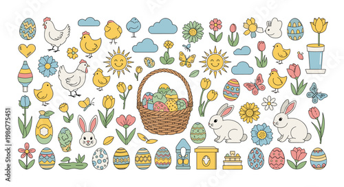 Extensive collection of colorful hand-drawn icons featuring Easter eggs, bunnies, chicks, flowers, and other spring motifs.