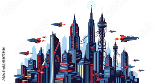 Towering retro-futuristic skyscrapers dominate the horizon while sleek aerodynamic flying vehicles navigate through the pristine white sky above the city.