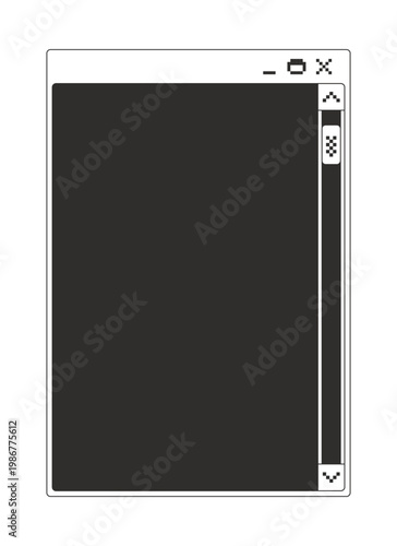 Scrollbar navigation blank monochrome pixel pop-up window. Vertical scroll bar empty page. Content control panel. Pixelated blocky interface design. Retro 16bit UI overlay. Solid web popup