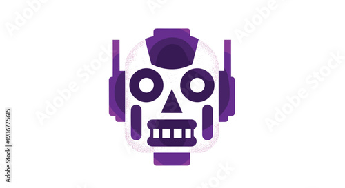 Stylized mechanical robot head features a unique grainy purple risograph texture with circular eyes and a blocky jaw set against a clean white surface.