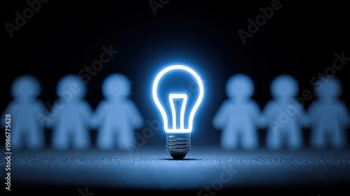Glowing Idea Lightbulb Among Group of People Teamwork Cooperation Concept