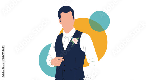 Handsome man dressed in a formal navy blue vest and white shirt with a pink rose boutonniere pinned to his lapel for a wedding.