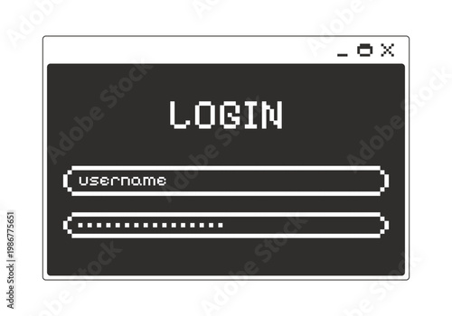 Login form monochrome pixel pop-up window. Username and password input fields. User authentication. Account member sign in. Pixelated blocky interface design. Retro 16bit UI overlay. Solid web popup
