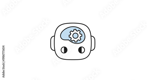 Stylized robot head icon features a light blue brain cavity containing a single mechanical gear rendered in a simple, clean, and minimalist line art style.