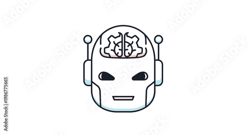 Minimalist robot head outline displays an intricate brain composed of interlocking mechanical gears within a clean and stark white digital studio environment.