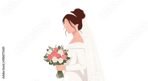 Graceful bride in a white wedding dress and delicate veil holding a beautiful bouquet of pink and white roses on her wedding day.