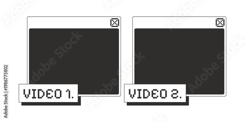 Videos blank two monochrome pixel pop-up windows. Empty 2 dialog boxes. Multimedia content display. Media screens comparing. Pixelated blocky interface design. Retro 16bit UI overlay. Solid web popup