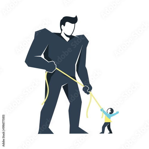 Giant Leading Small Person on Leash, Power Imbalance, Control Concept
