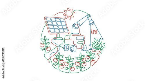 Robotic vehicle uses a UV light arm to target weeds among tomato plants depicted in a minimalist multi-colored line drawing on a clean white background.